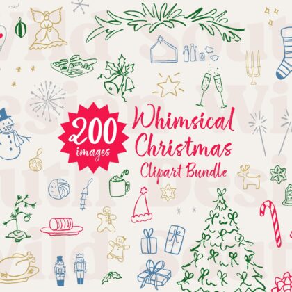 Whimsical Christmas Clipart Bundle, 200 Hand-Drawn Digital SVG Images, Quirky Holiday SVG Clipart, Christmas PNG Clipart Doodles