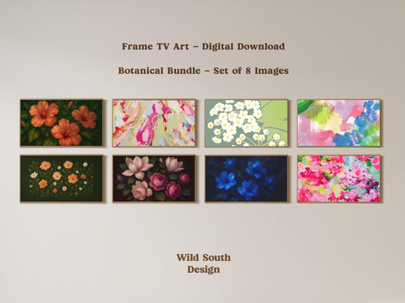 Frame TV Art Bundle, Set of 8 Digital Floral Backgrounds for Samsung Frame, Widescreen Display, Botanical Floral Wall Art Paintings